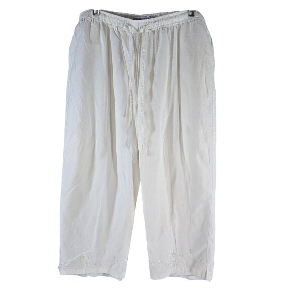 Sag Harbor Size XL Beachy White Capri Pants Tie Waist Embroidered and Beaded Hem - Picture 1 of 7